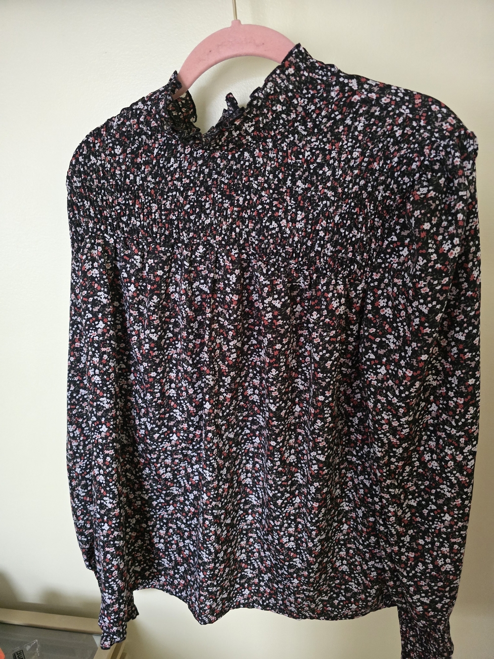 SHEIN Black Floral Keyhole Blouse with Pink and White Blooms